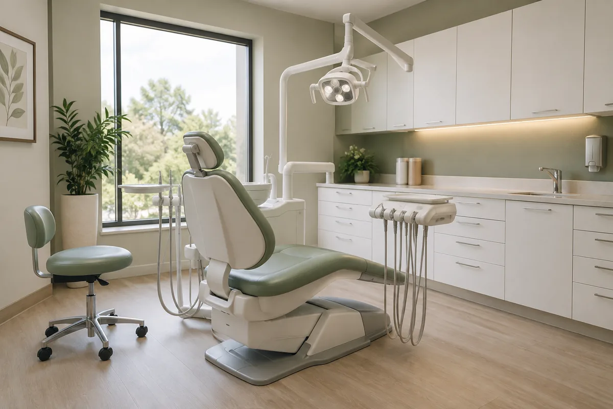 Interior ilustrativo de un gabinete dental con sillón, iluminación y mobiliario de trabajo