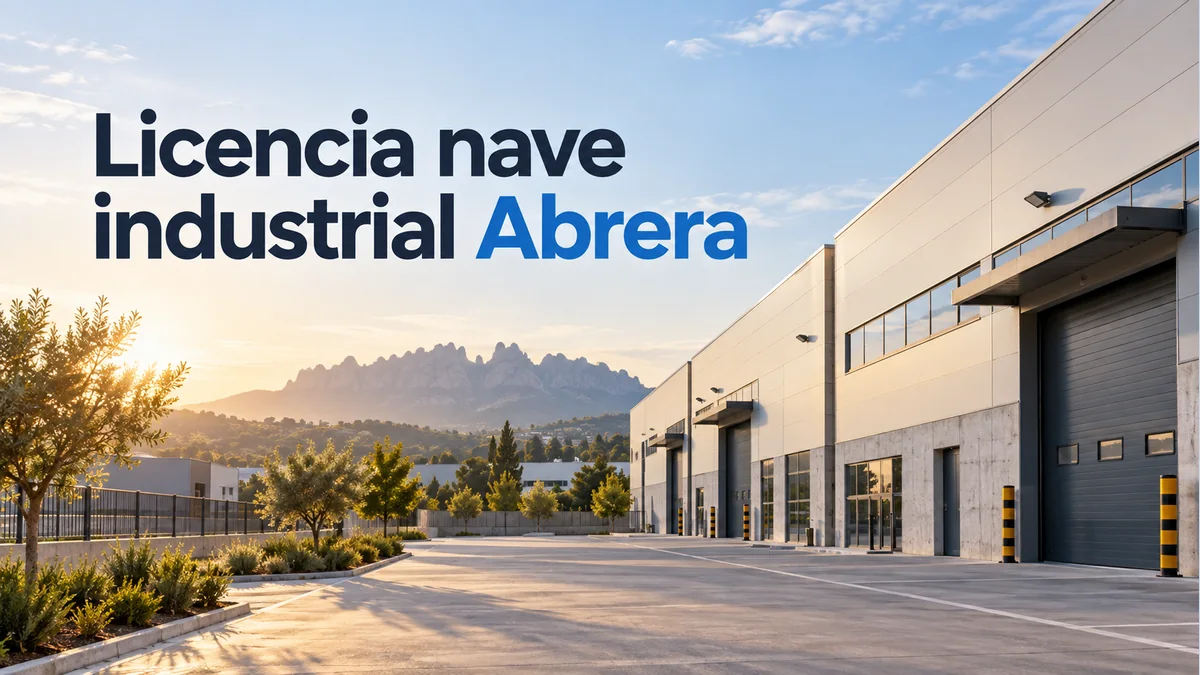 Ilustración de una nave industrial con el texto Licencia nave industrial Abrera