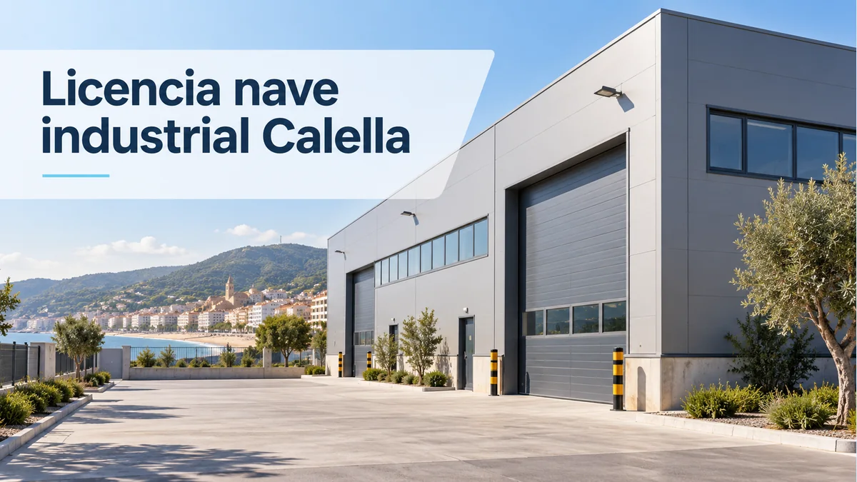 Ilustración de una nave industrial con el texto Licencia nave industrial Calella
