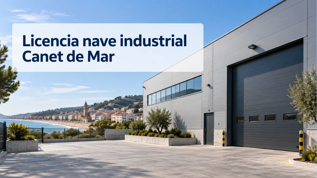 Ilustración de una nave industrial con el texto Licencia nave industrial Canet de Mar
