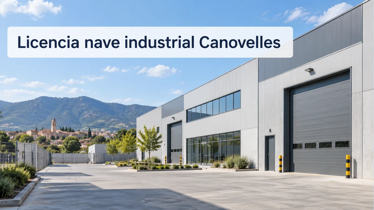 Ilustración de una nave industrial con el texto Licencia nave industrial Canovelles