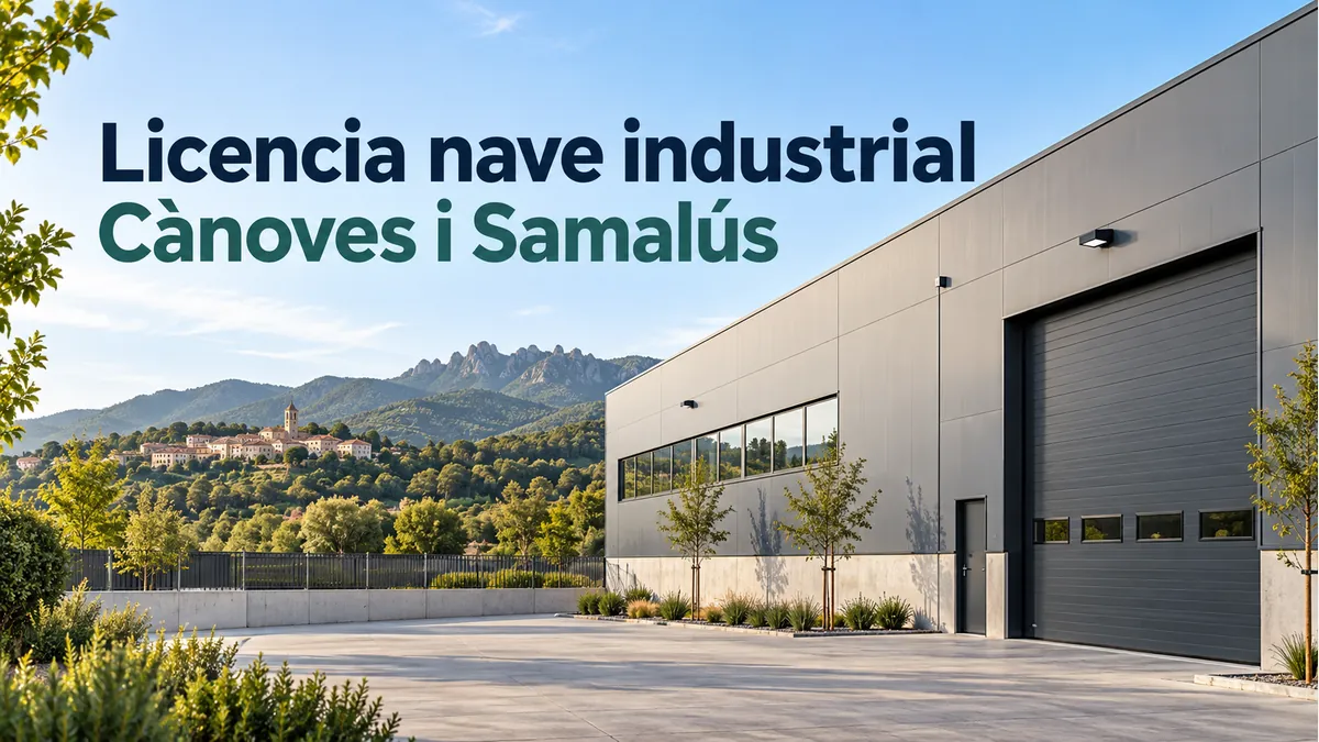 Ilustración de una nave industrial con el texto Licencia nave industrial Cànoves i Samalús