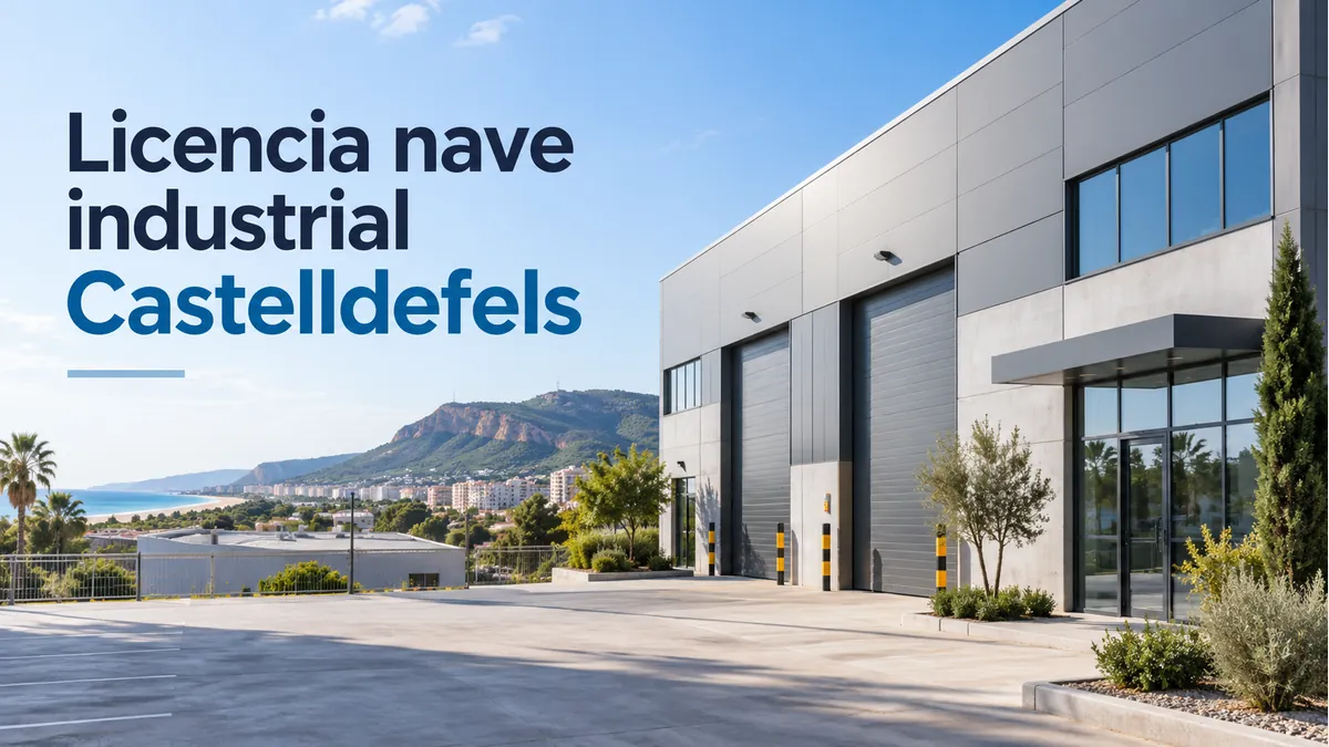 Ilustración de una nave industrial con el texto Licencia nave industrial Castelldefels