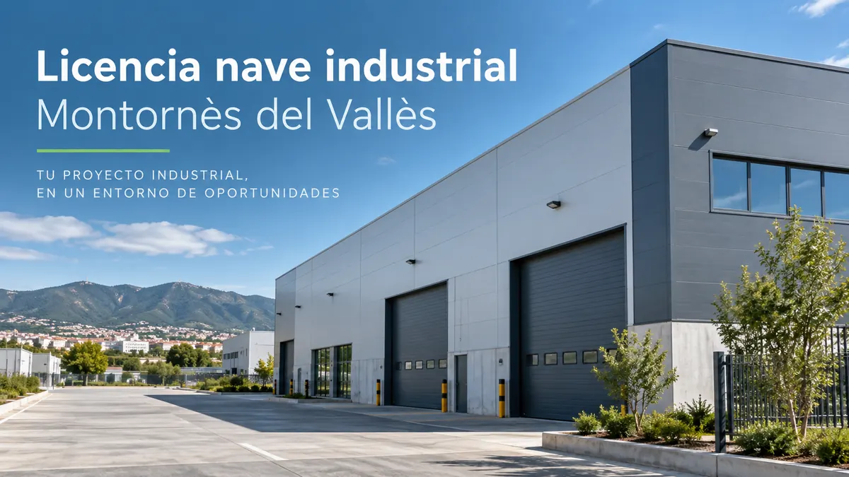 Ilustración de una nave industrial con el texto Licencia nave industrial Montornès del Vallès