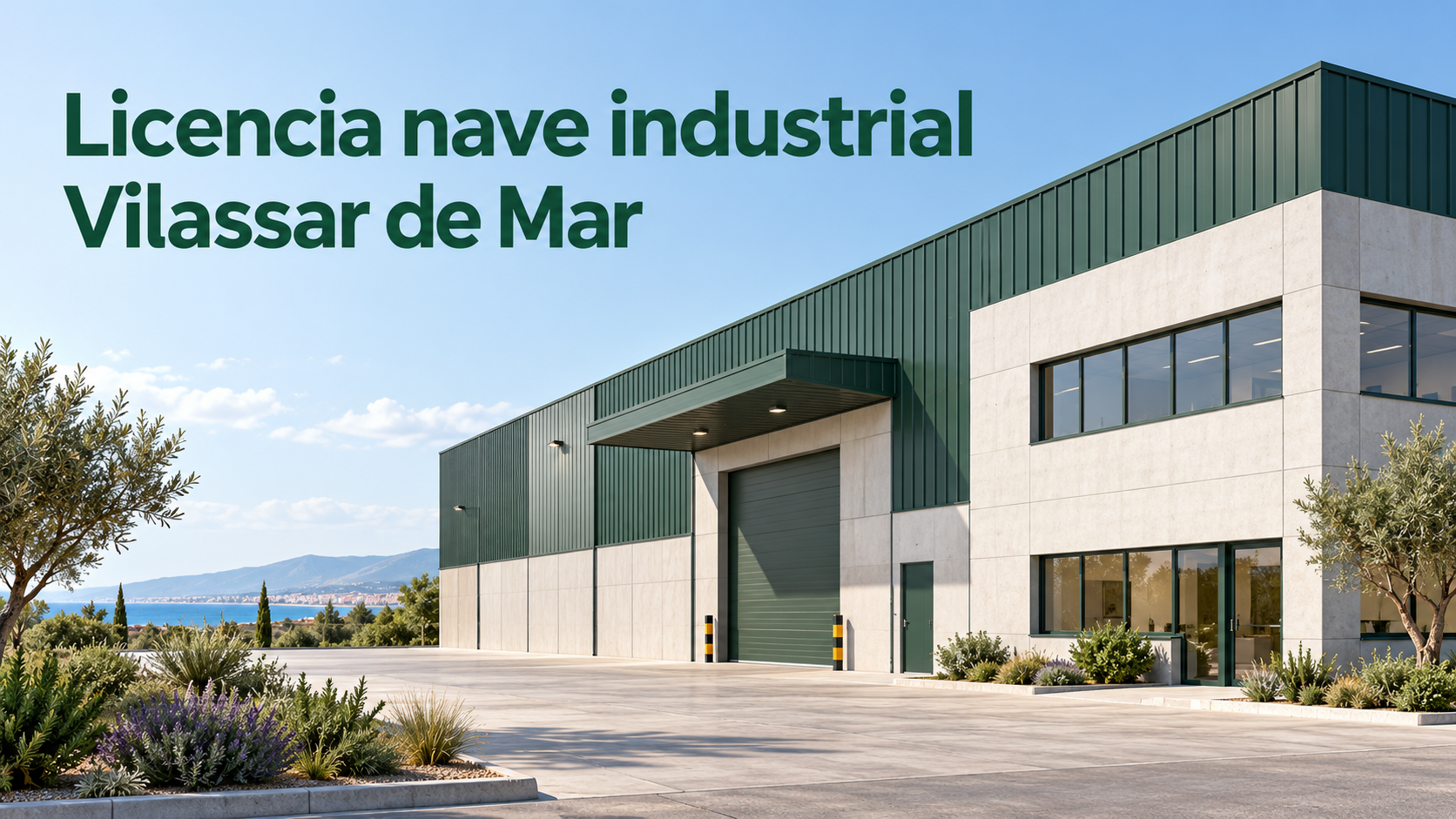 Ilustración de una nave industrial con el texto Licencia nave industrial Vilassar de Mar